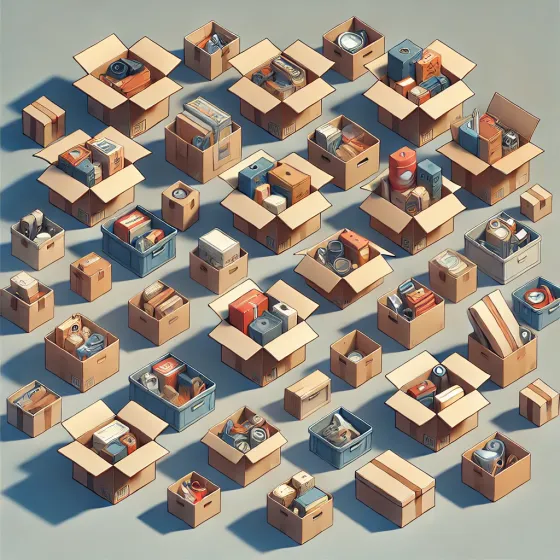 Illustration of open cardboard boxes of packaged goods