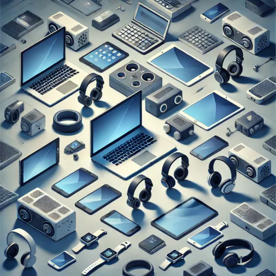 Illustration of laptops, tablets, headphones and other electronics