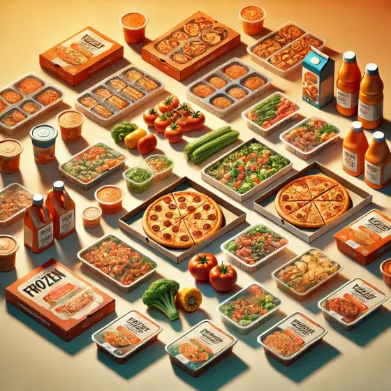 Illustration of frozen meals and pizzas